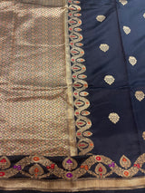 Handloom Kadhua Banarasi Silk Saree - Scallop Border Minedar - Black