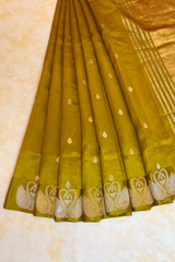 HOV Handloom Banarasi Katan Silk Saree - Butidar Kadhua - Dove Border- Mehendi Gold- 060