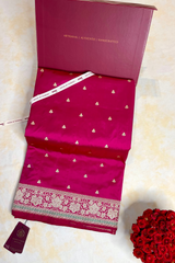 HOV HANDLOOM PURE ZARI BANARASI KATAN SILK SAREE - BUTIDAR - FLORAL KILVER - DEEP PINK - 140