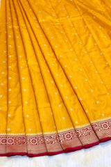 All Gold Zari Handloom Kadhua Banarasi Shalu Silk Satin Saree - Small Border - Sangita - All Gold Zari - Yellow Red