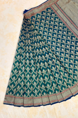 HOV HANDLOOM PURE ZARI BANARASI KATAN SILK SAREE - JAANGLA- PEACOCK GREEN ALL OVER DESIGN-137