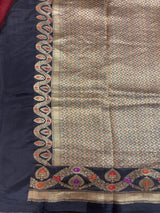 Handloom Kadhua Banarasi Silk Saree - Scallop Border Minedar - Black