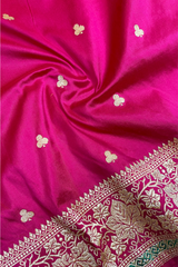 HOV HANDLOOM PURE ZARI BANARASI KATAN SILK SAREE - BUTIDAR - FLORAL KILVER - DEEP PINK - 140