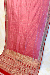 Gold Zari Handloom Kadhua Banarasi Shalu Silk Satin Saree - Small Border - Sangita - All Gold Zari - Peach Red