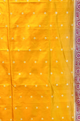 All Gold Zari Handloom Kadhua Banarasi Shalu Silk Satin Saree - Small Border - Sangita - All Gold Zari - Yellow Red