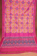 Handloom Ikat Silk Saree - Yellow Pink Flish Motif