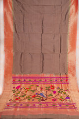 Handloom Paithani Silk Saree - Rustic Gold Parrot Peacock Plain Boder
