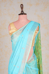 Handwoven Blue Green Muslin Jamdani Saree