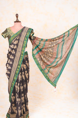 Cotton Hand Block Print Saree With Zari Border- Black