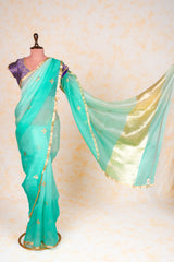 Handloom Kadhua Banarasi Kora Silk Saree - Shaded Butidar - Blue