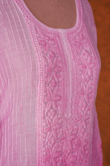Fine Cotton Chikankari Silk Pant Sets-Light Pink