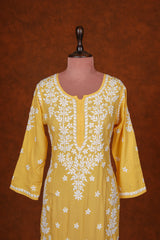 CHIKANKARI FINE MUL COTTON KURTA - Yellow
