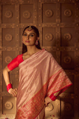 All Gold Zari Banarasi Shalu Pastel Pink Real Zari Saree- Real gold zari
