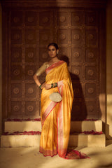 All Gold Zari Handloom Kadhua Banarasi Shalu Silk Satin Saree - Small Border - Sangita - All Gold Zari - Yellow Red