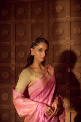 Handloom Kadhua Banarasi Satin Silk Saree Jaangla -Baby Pink