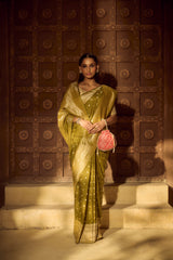 Handlloom Kadhua Banarasi Silk Saree- Big Border - Mehndi Green Silver Buti