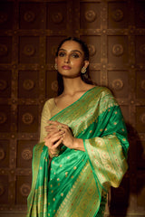 Handlloom Kadhua Banarasi Silk Saree- Big Border - Parrot Green Pink Meena