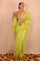 Pastel Parrot Green Jamdani Motif Saree