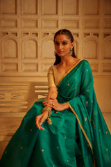 Handloom Silk Chanderi Saree - Mini Round Buta With Red Mina - Peacock Green
