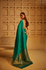 Handloom Silk Chanderi Saree - Mini Round Buta With Red Mina - Peacock Green