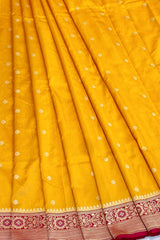 Real Zari Handloom Kadhua Banarasi Shalu Silk Satin Saree - Small Border - Sangita - All Gold Zari - Yellow Red