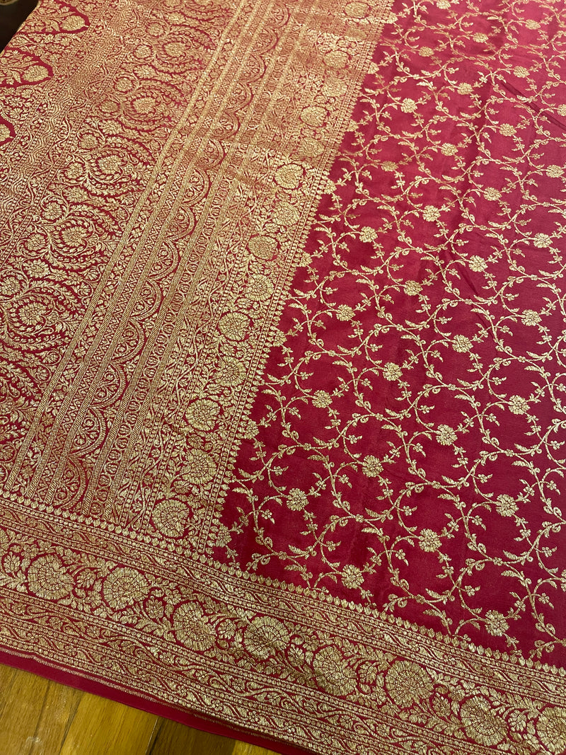 Handloom Fekua Banarasi Crepe Silk Saree -Jaal - Deep Red