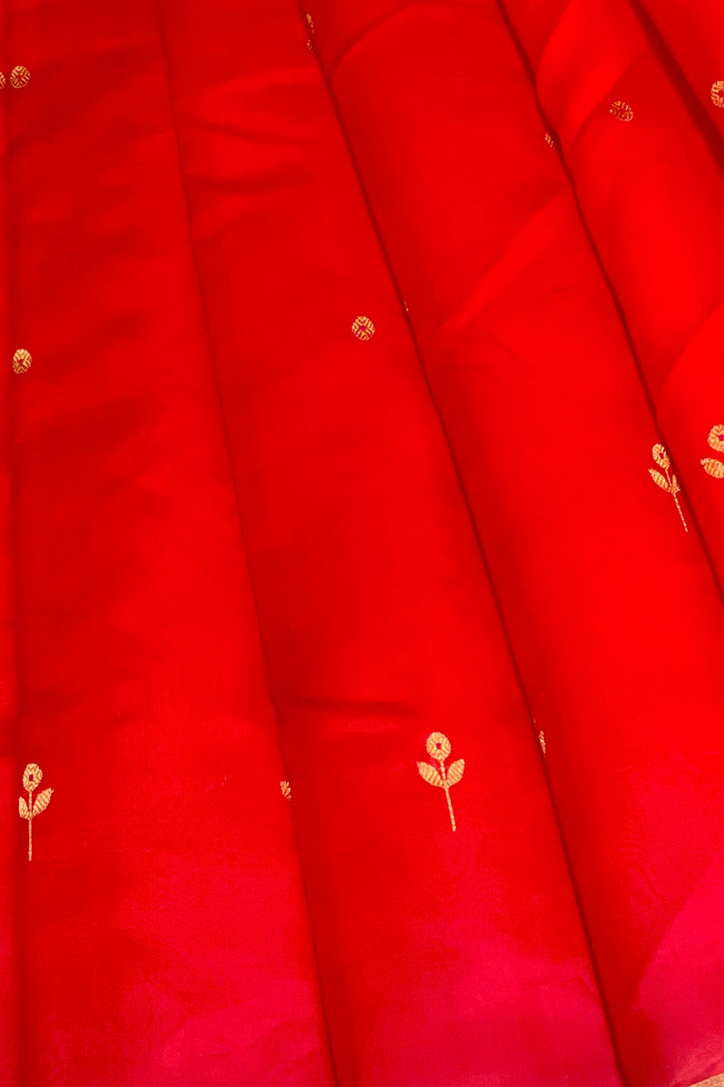 Handloom Silk Chanderi Saree - Mini Round Buta With Red Mina - Red