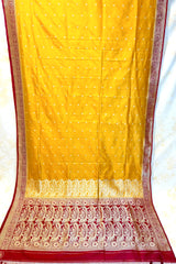 Real Zari Handloom Kadhua Banarasi Shalu Silk Satin Saree - Small Border - Sangita - All Gold Zari - Yellow Red