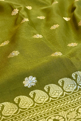 Handlloom Kadhua Banarasi Silk Saree- Big Border - Mehndi Green Silver Buti