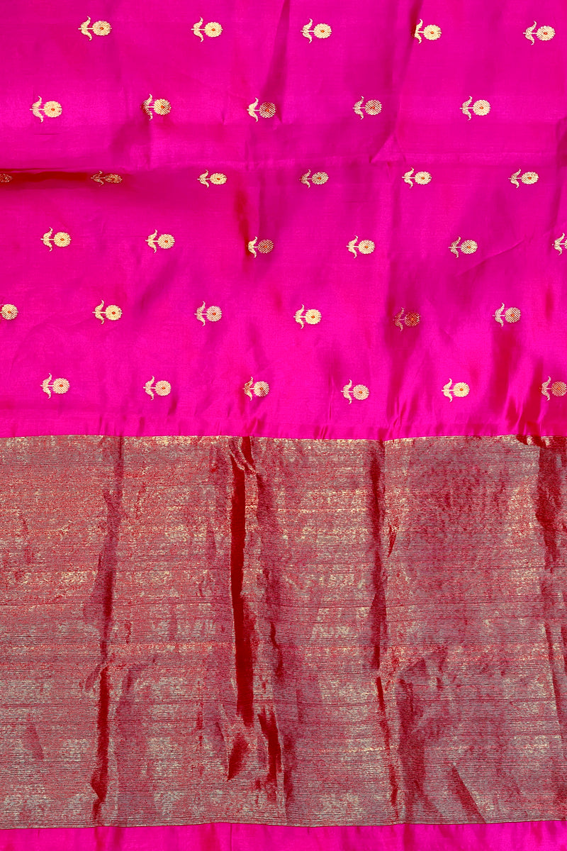 Handloom Chanderi Silk Saree Sun Flower Buta With Red Mina - Hot Pink