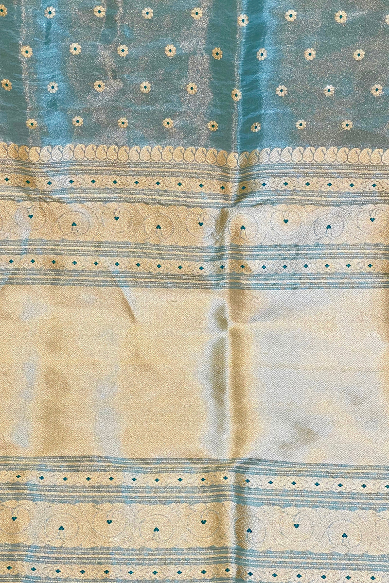 Handlloom Kadhua Banarasi Tissue Silk Saree- Big Border - Powder Blue