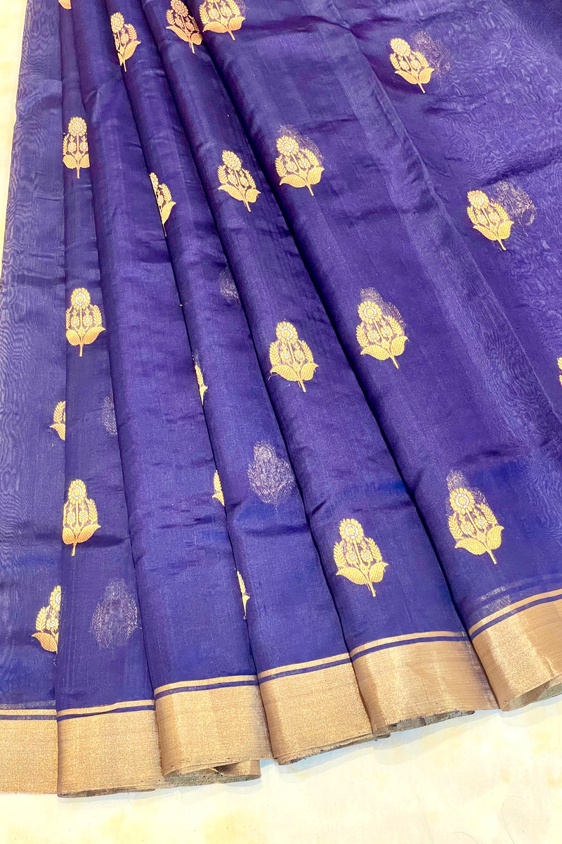 Handloom Silk Chanderi Saree - Sunflower Buta - Blue