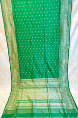 Handlloom Kadhua Banarasi Silk Saree- Big Border - Parrot Green Pink Meena