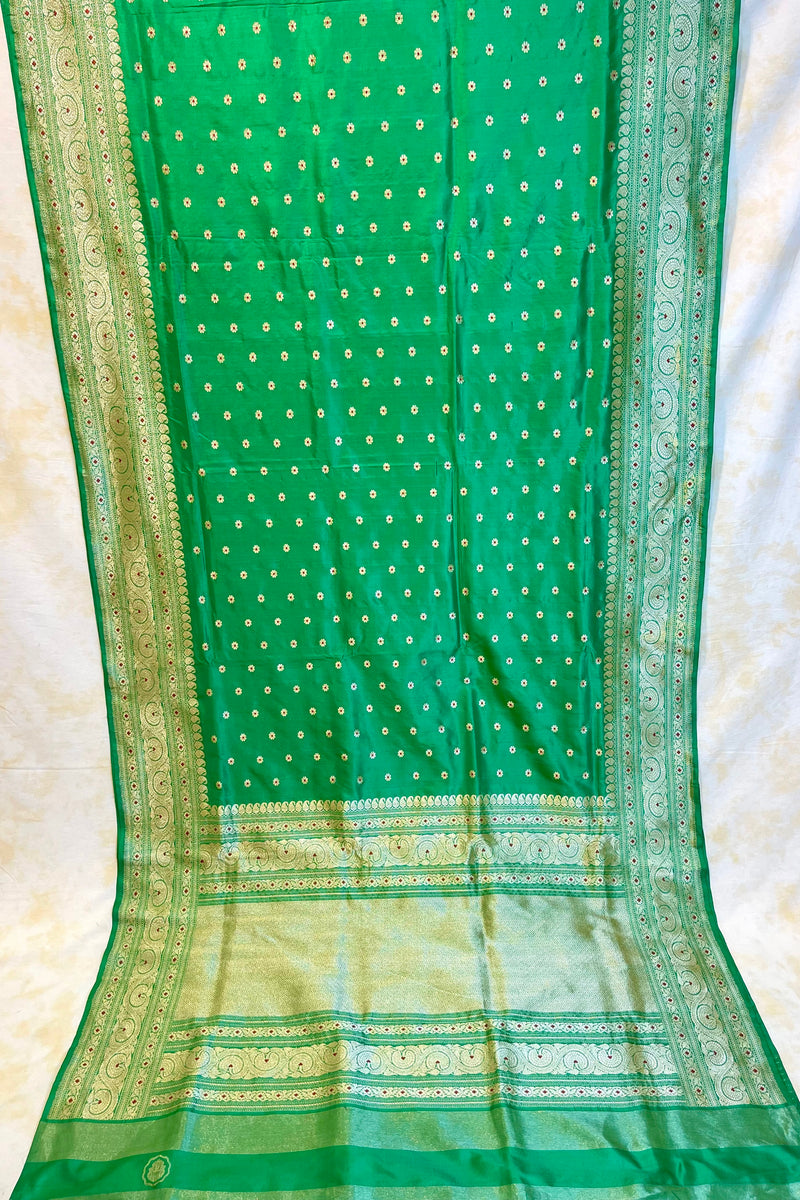 Handlloom Kadhua Banarasi Silk Saree- Big Border - Parrot Green Pink Meena