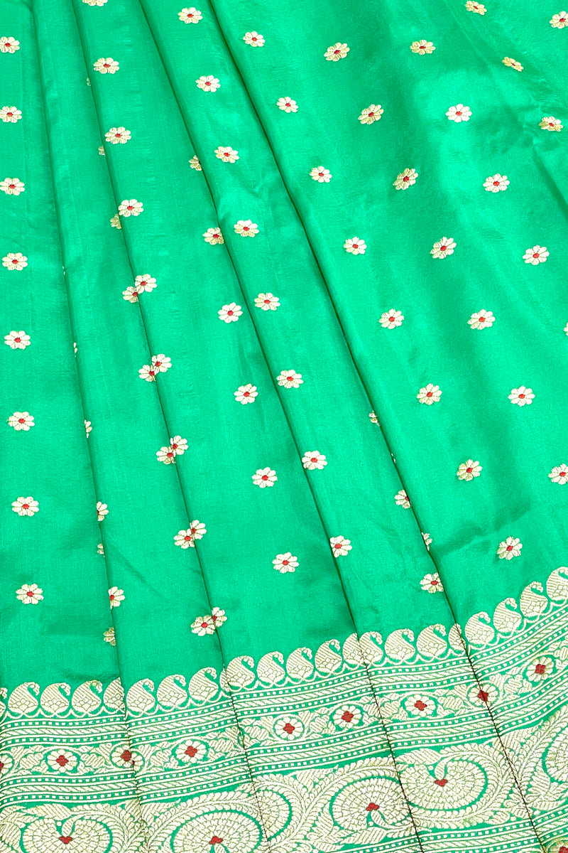 Handlloom Kadhua Banarasi Silk Saree- Big Border - Parrot Green Pink Meena