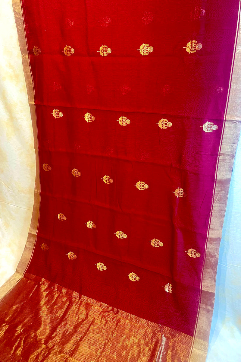 Handloom Silk Cotton Chanderi Saree - Sunflower Buta - Maroon