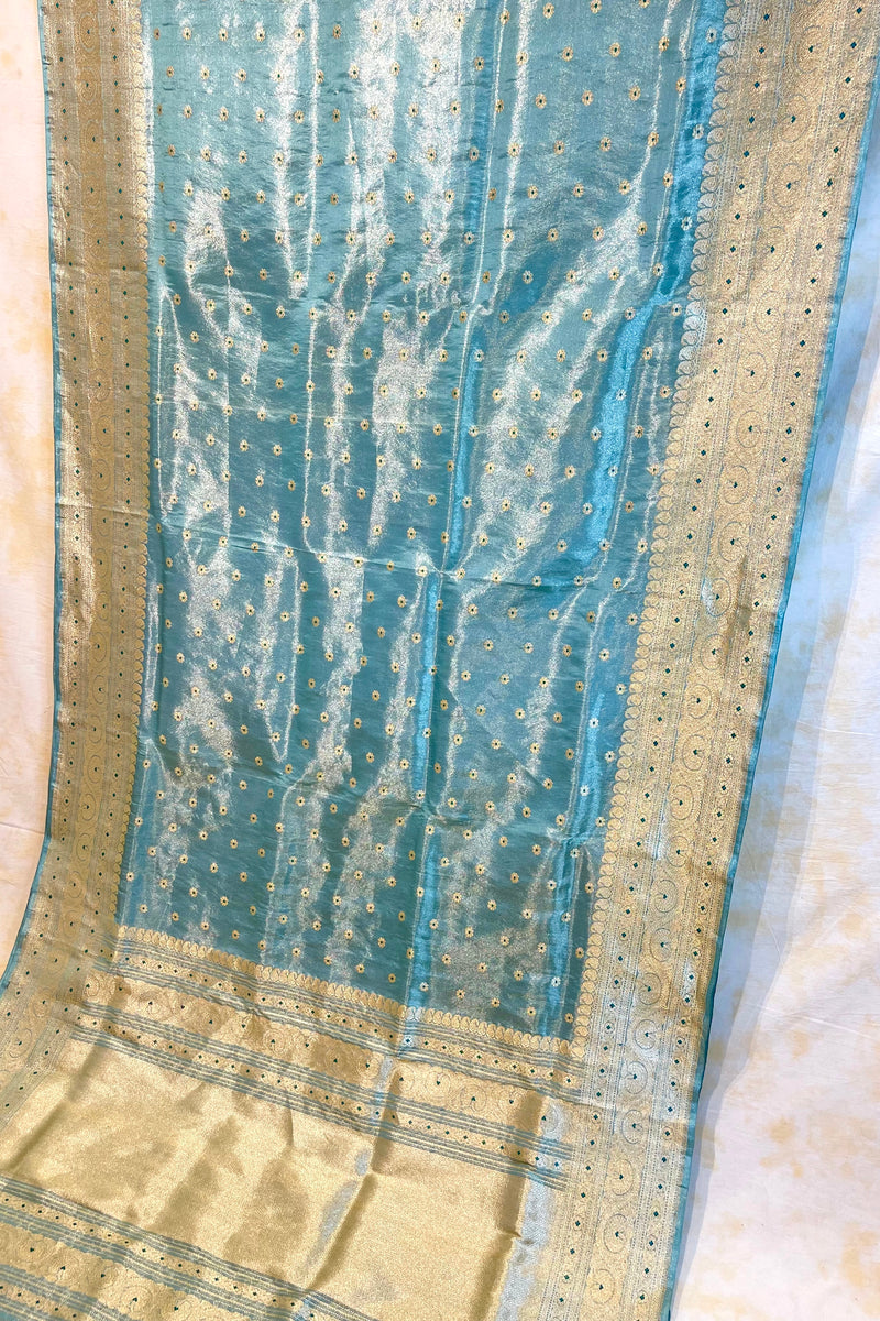 Handlloom Kadhua Banarasi Tissue Silk Saree- Big Border - Powder Blue