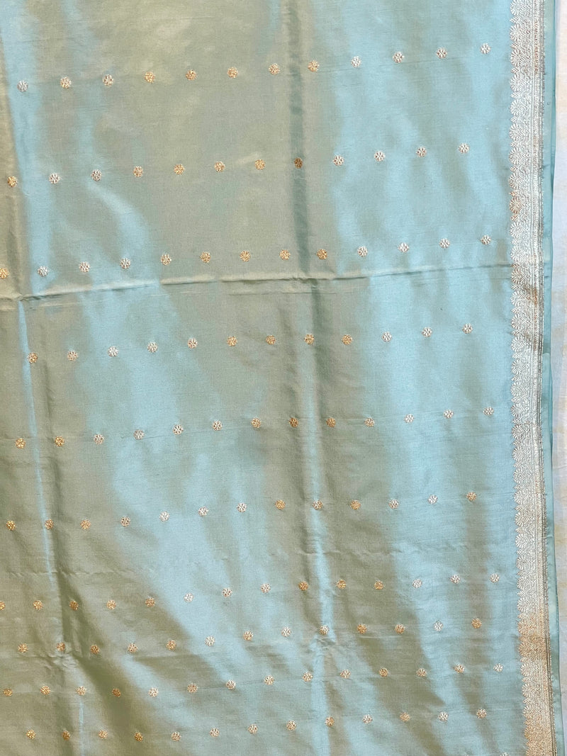 Real Zari Handloom Kadhua Banarasi Katan Silk Saree - Small Butidar - Sky Blue Minedar