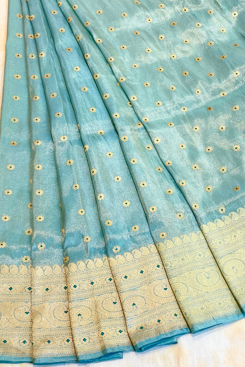 Handlloom Kadhua Banarasi Tissue Silk Saree- Big Border - Powder Blue