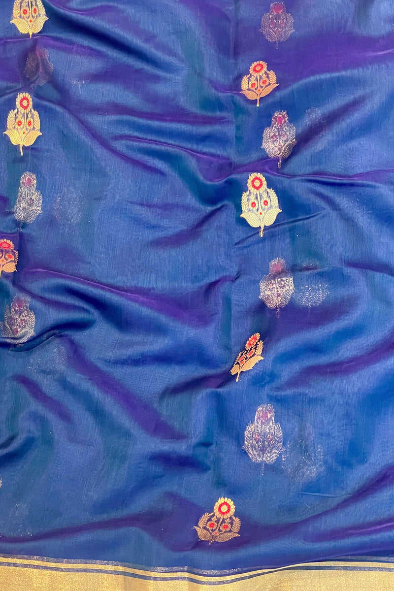 Handloom Silk Cotton Chanderi Saree - Sunflower Buta With Red Mina - Midnight Blue