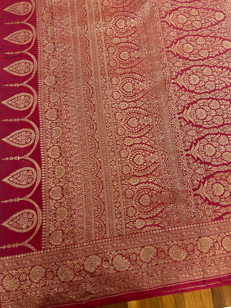 Handloom Fekua Banarasi Crepe Silk Saree -Jaal - Deep Red