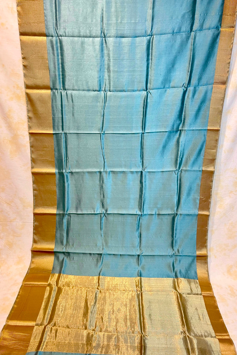 Handloom Silk Chanderi Saree - Blue With Twill Border