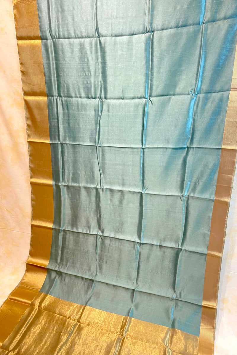 Handloom Silk Chanderi Saree - Blue With Twill Border