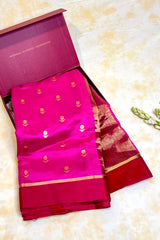 Handloom Chanderi Silk Saree Sun Flower Buta With Red Mina - Hot Pink