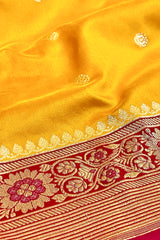 Real Zari Handloom Kadhua Banarasi Shalu Silk Satin Saree - Small Border - Sangita - All Gold Zari - Yellow Red