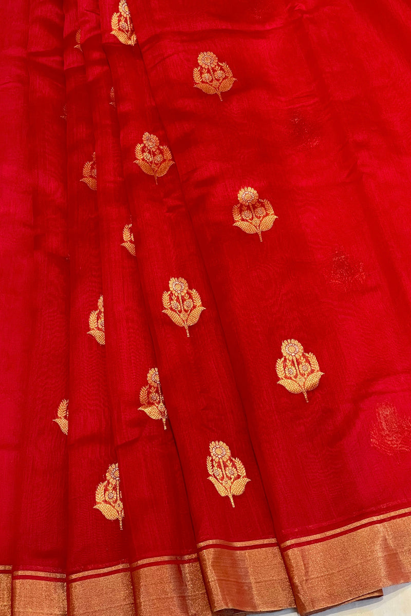 Handloom Silk Chanderi Saree - Fukdani Buta - Red