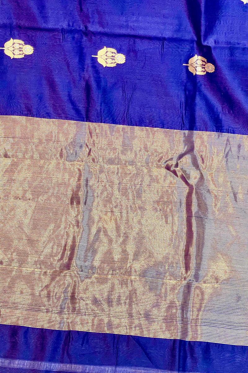 Handloom Silk Chanderi Saree - Sunflower Buta - Blue