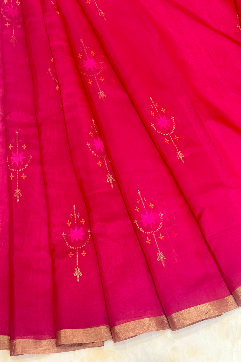 Handloom Silk Cotton Chanderi Saree - Star Motif - Maroon