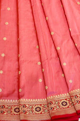 Real Zari Handloom Kadhua Banarasi Shalu Silk Satin Saree - Small Border - Sangita - All Gold Zari - Peach Red