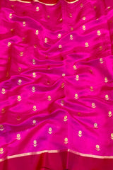 Handloom Chanderi Silk Saree Sun Flower Buta With Red Mina - Hot Pink